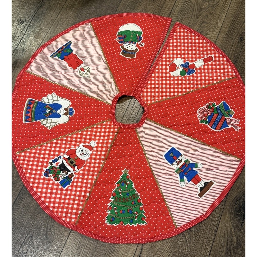 Vintage Quilted Christmas Tree Skirt 33" Red‎ Patchwork Snowman Angel Santa